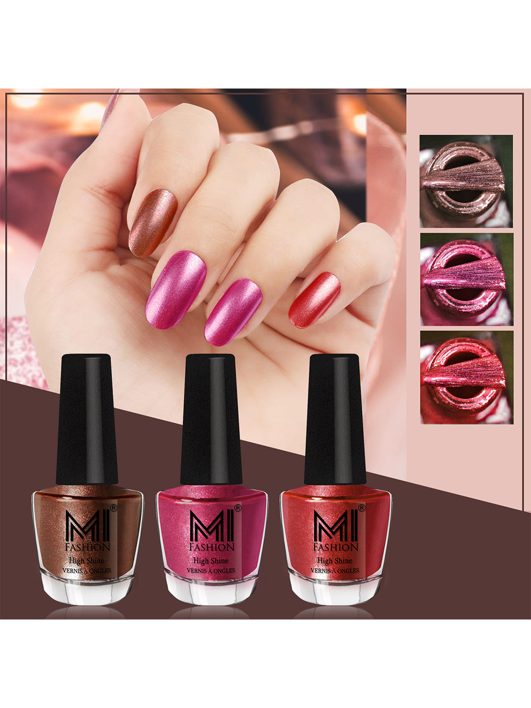 MI FASHION Set of 3 Vernis A Ongles High Shine Long Lasting Shimmer Nail Paint - 12ml each