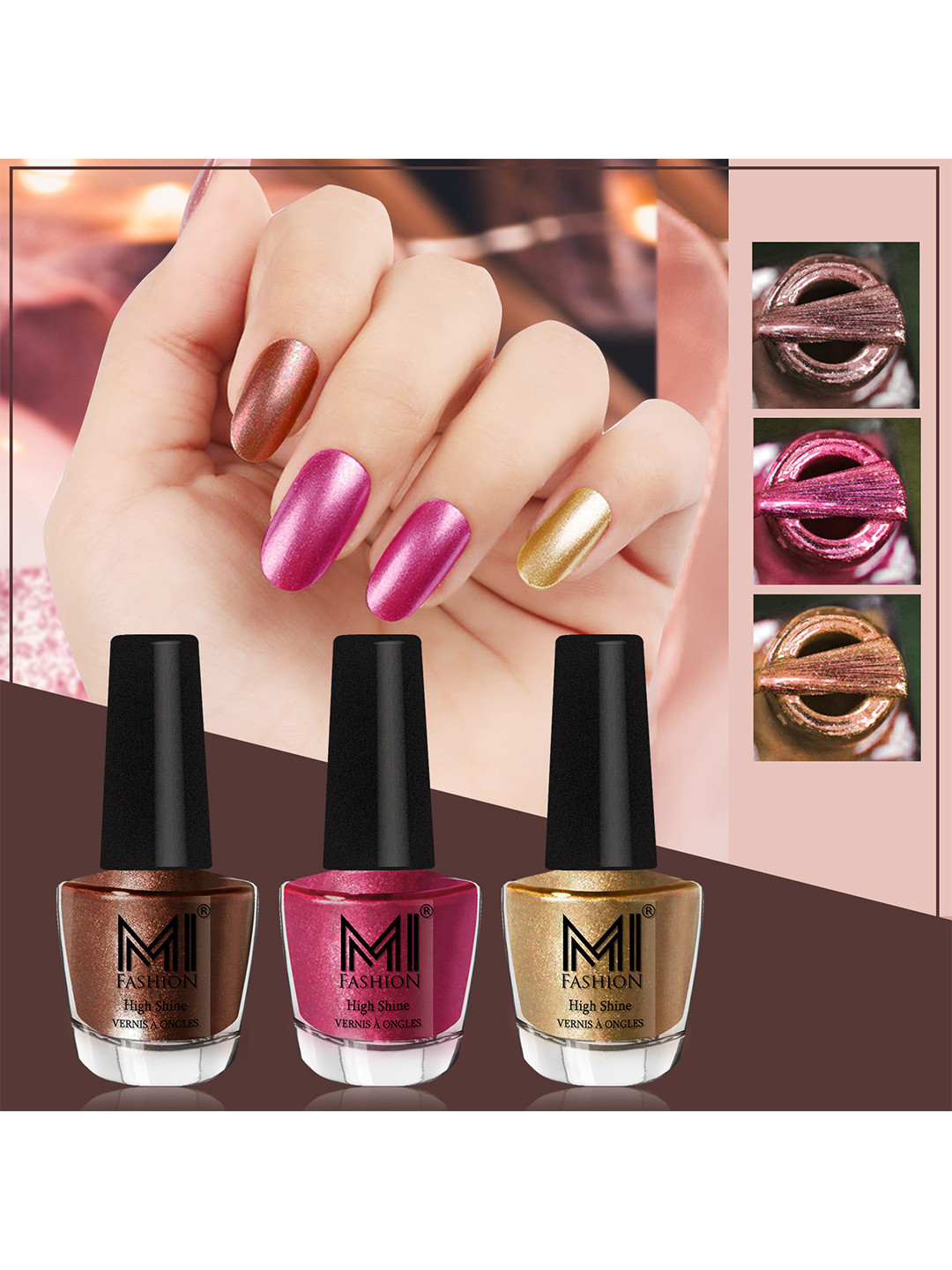 MI FASHION Set of 3 Vernis A Ongles High Shine Long Lasting Shimmer Nail Paint - 12ml each