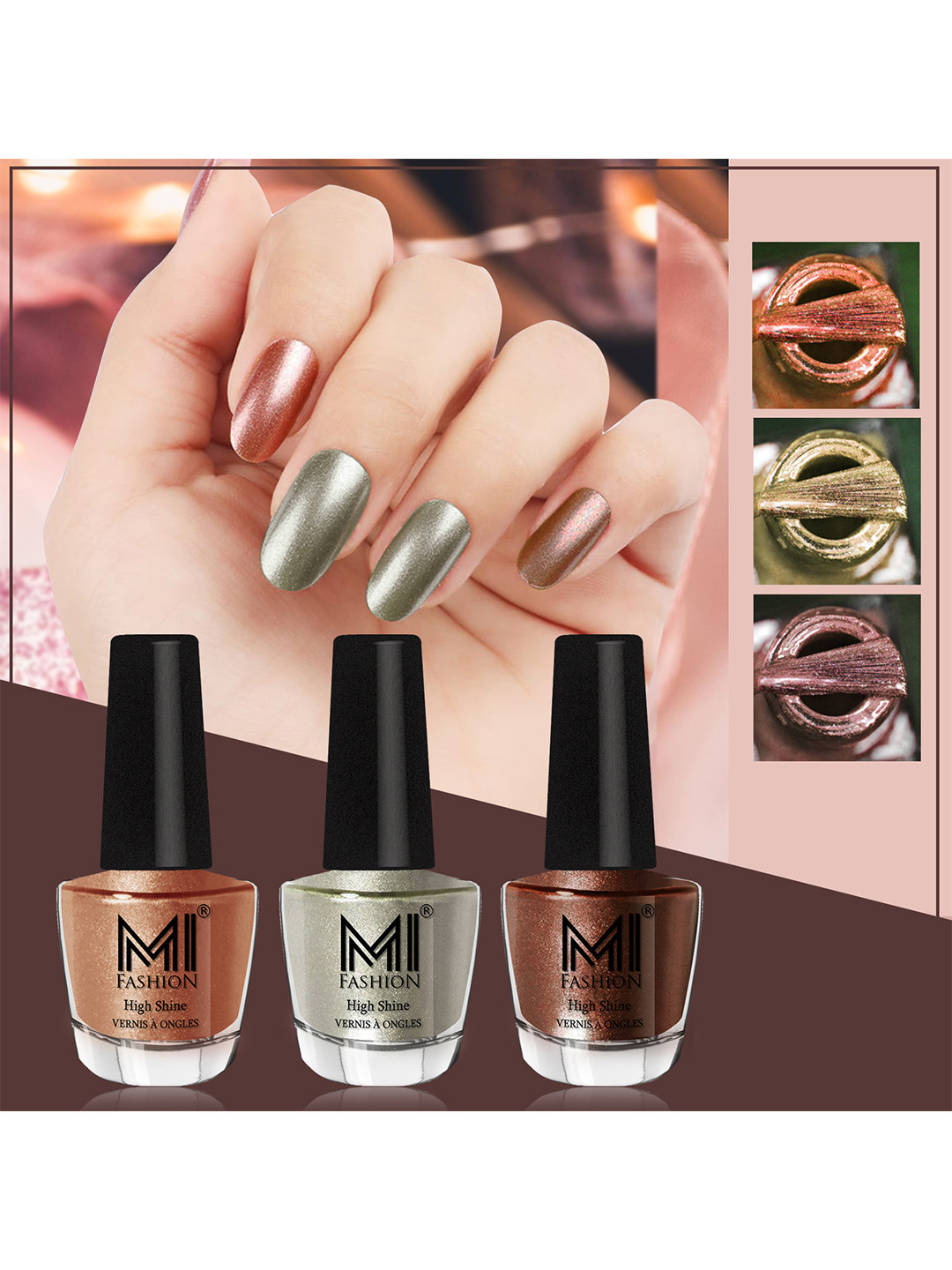MI FASHION Set of 3 High Shine Long-Lasting Nail Lacquer 12 ml Each - Bronze Magnetic 62 - Metallic Green 67 - Brown Coffee 05