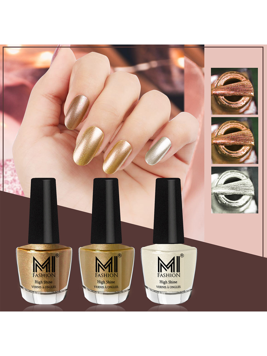 MI FASHION Set of 3 High Shine Long-Lasting Nail Lacquer 12 ml Each - Golden 43 - Metallic Golden 45 - Pearly White Chrome 58