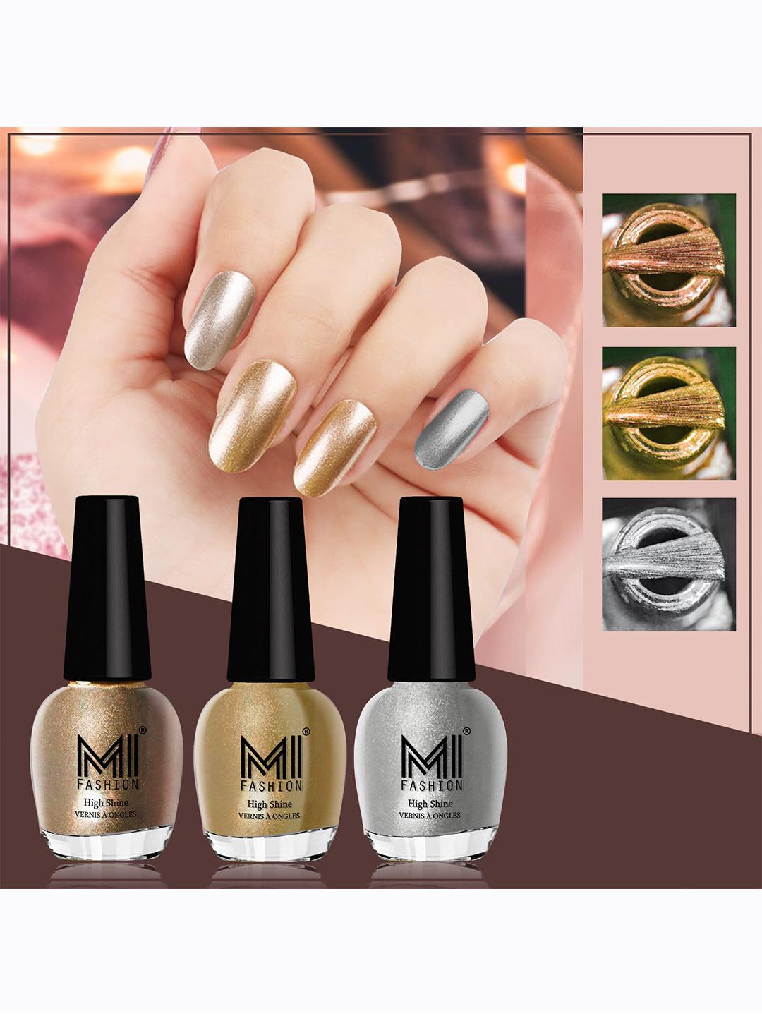 MI FASHION Set of 3 High Shine Long-Lasting Nail Lacquer 12 ml Each - Golden 43 - Metallic Golden 45 - Metallic Silver 46