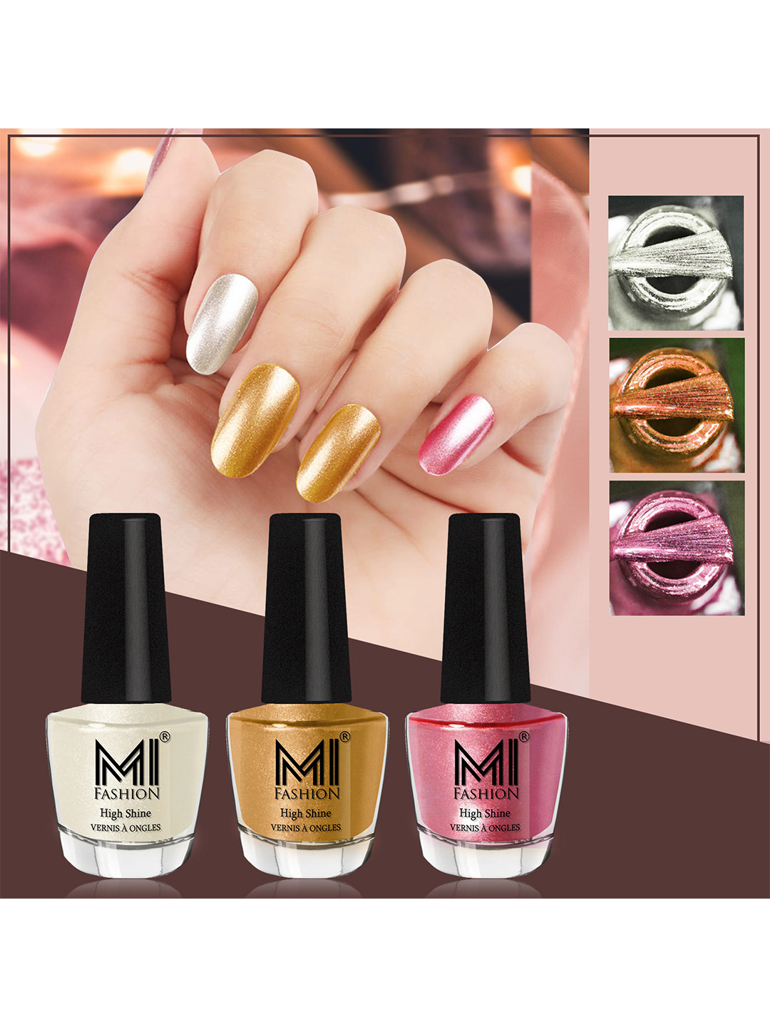 MI FASHION Set of 3 High Shine Long-Lasting Nail Lacquer 12 ml Each - Pearly White Chrome 58 - Gold Chrome 59 - Metallic Pink 47