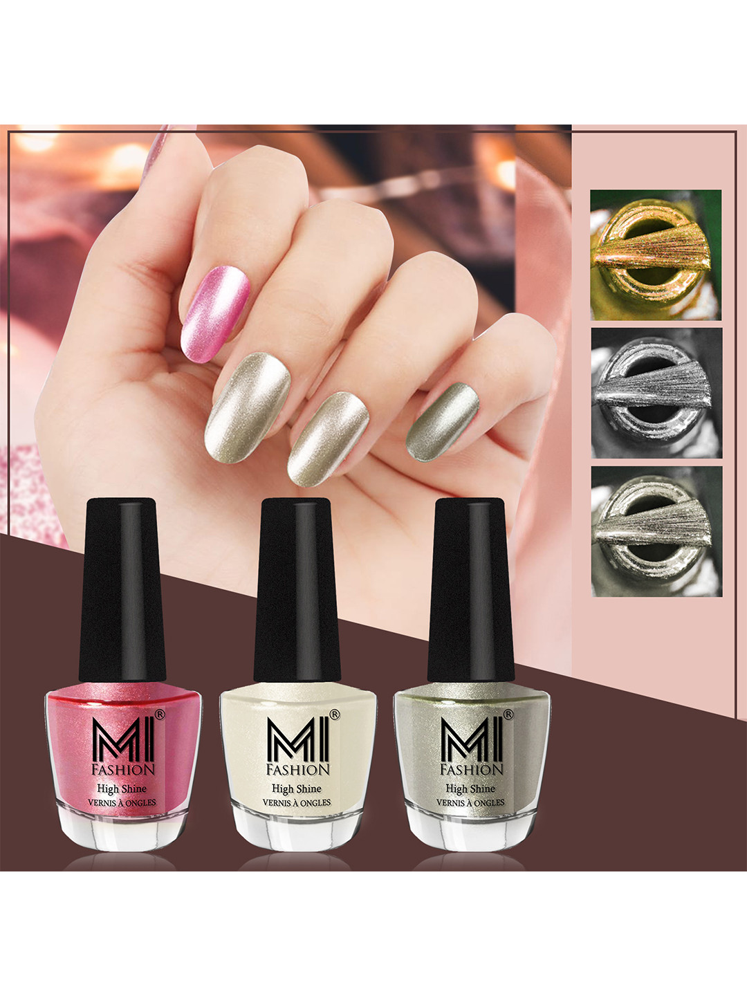 MI FASHION Set of 3 High Shine Long-Lasting Nail Lacquer 12 ml Each - Metallic Pink 47 - Pearly White Chrome 58 - Metallic Green 67
