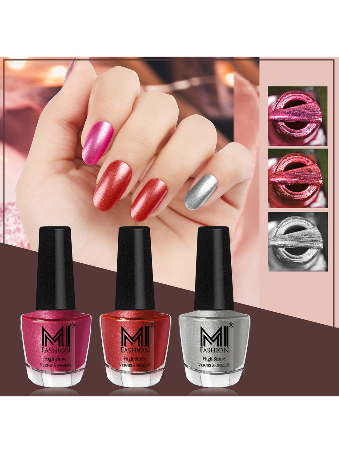 MI FASHION Set of 3 High Shine Long-Lasting Nail Lacquer 12 ml Each - Metallic Red 06 - Reddish Bronze 07 - Metallic Silver 46