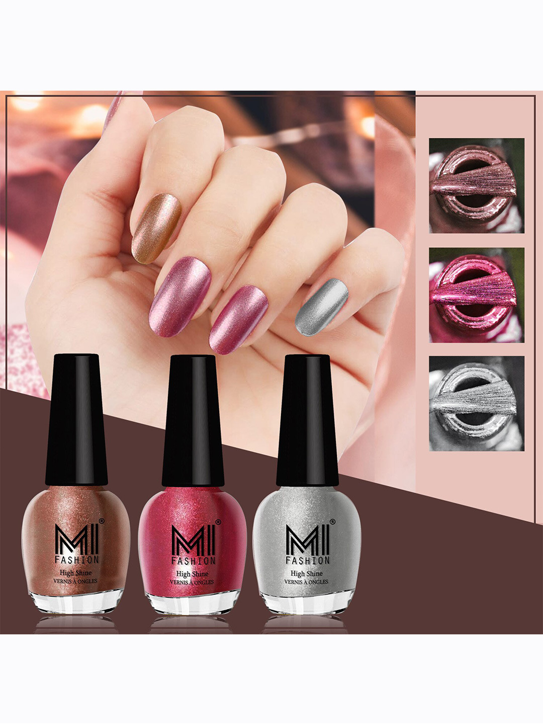 MI FASHION Set of 3 Vernis A Ongles High Shine Shimmer Nail Paints - 12ml Each