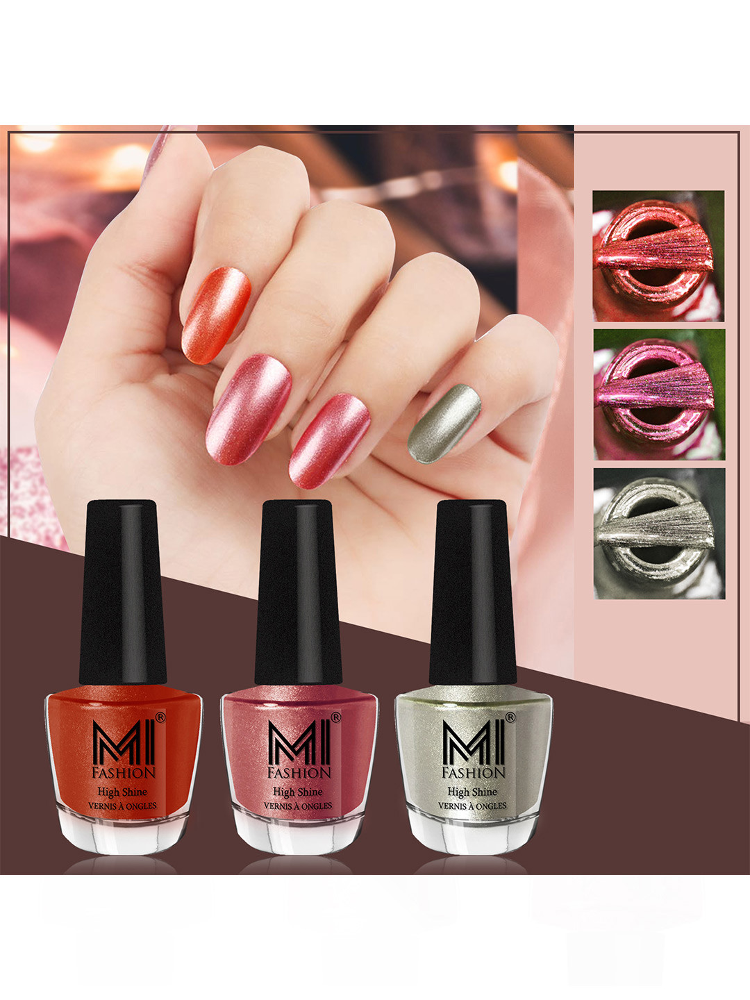 MI FASHION Set of 3 High Shine Long-Lasting Nail Lacquer 12 ml Each - Red Gold 60 - Hot Lava 61 - Metallic Green 67