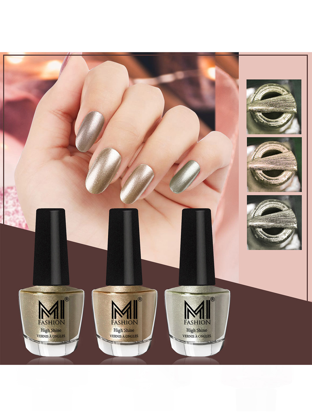 MI FASHION Set of 3 High Shine Long-Lasting Nail Lacquer 12 ml Each - Ginger Rust 12 - Light Golden 13 - Metallic Green 67