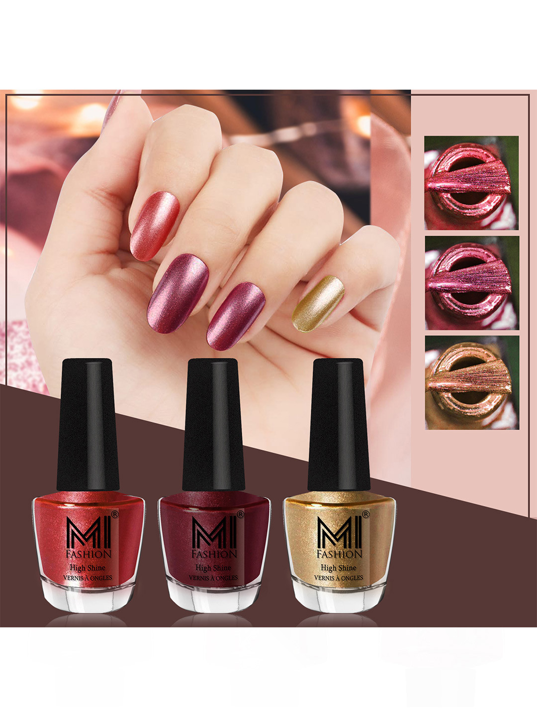 MI FASHION Set of 3 Vernis A Ongles High Shine Shimmer Nail Paints - 12 ml Each