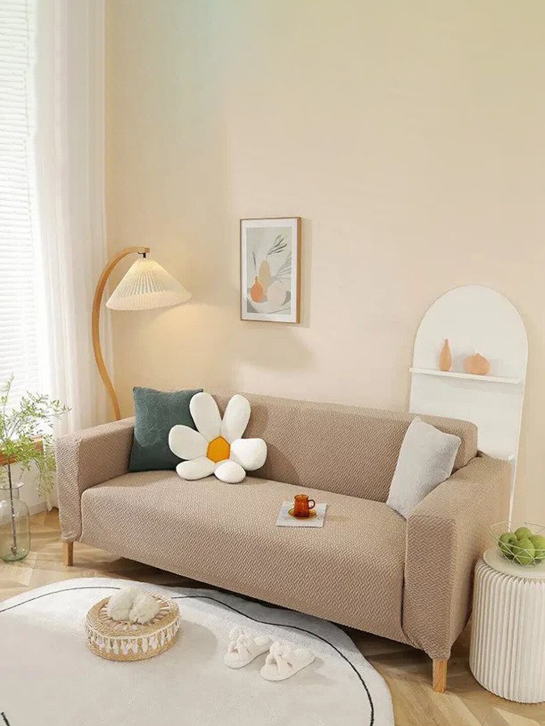 HOUSE OF QUIRK Khaki-Brown Self-Design Jacquard Stretchable Elasticity 2-Seater Sofa Cover