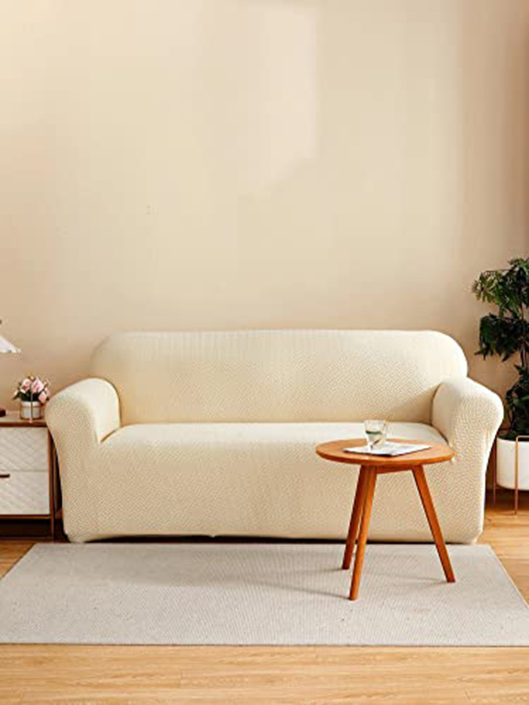 HOUSE OF QUIRK Cream Self-Design Stretchable Elasticity 3-Seater Sofa Cover With Arms