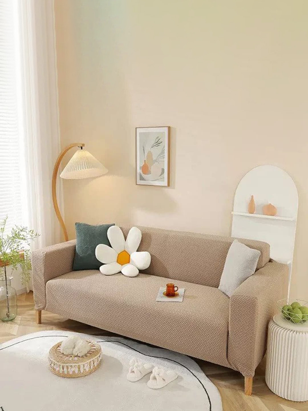 HOUSE OF QUIRK Khaki-Brown Self-Design Jacquard Stretchable Elasticity 1-Seater Sofa Cover With Arms