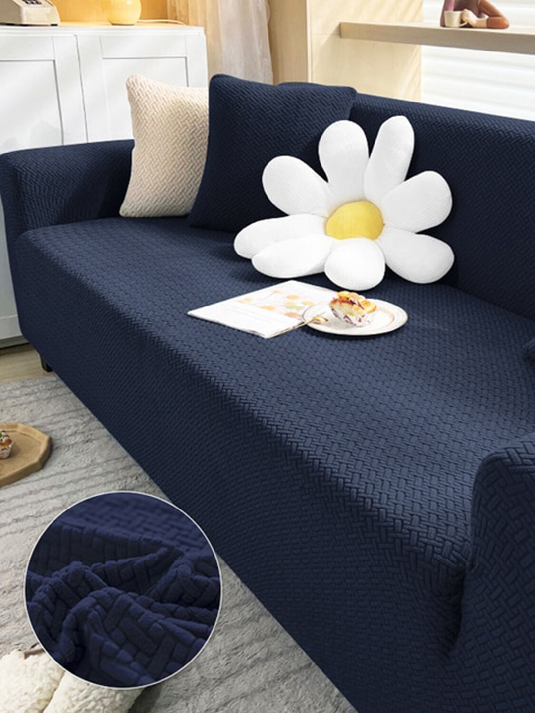 HOUSE OF QUIRK Navy-Blue Self-Design Jacquard Stretchable Elasticity 3-Seater Sofa Cover With Arms
