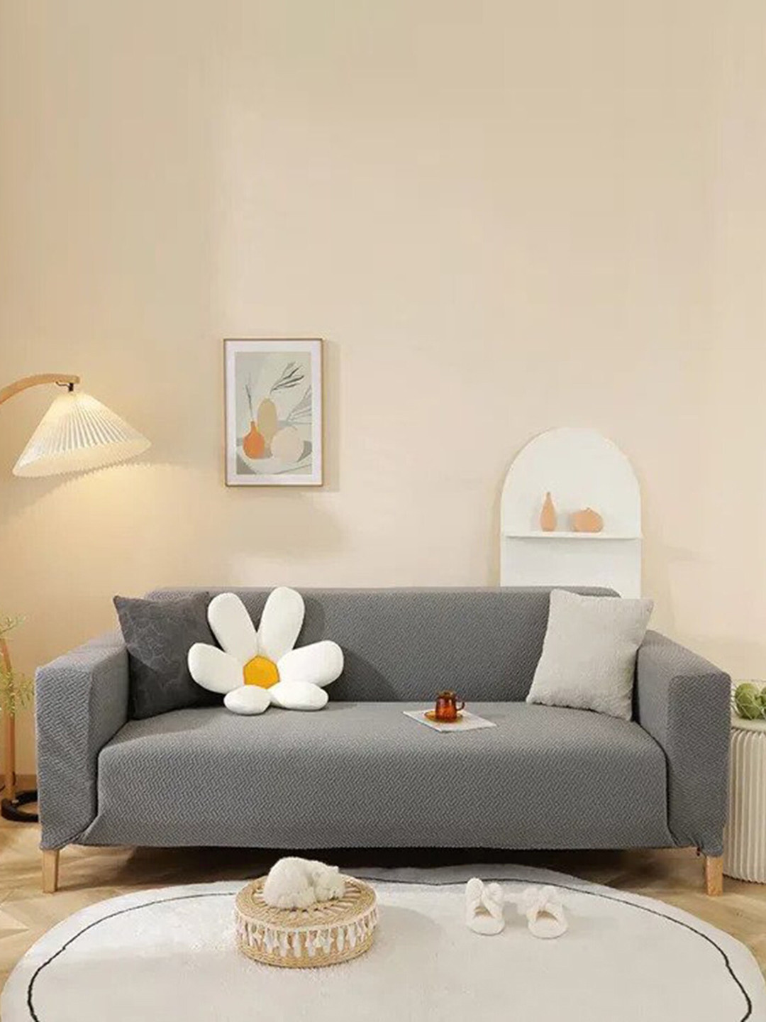 HOUSE OF QUIRK Dark Grey Textured Stretchable 3-Seater Sofa Slipcover