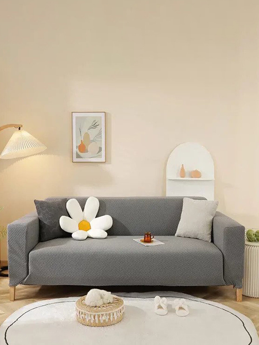 HOUSE OF QUIRK Dark Grey Textured Stretchable Single-Seater Sofa Slipcover