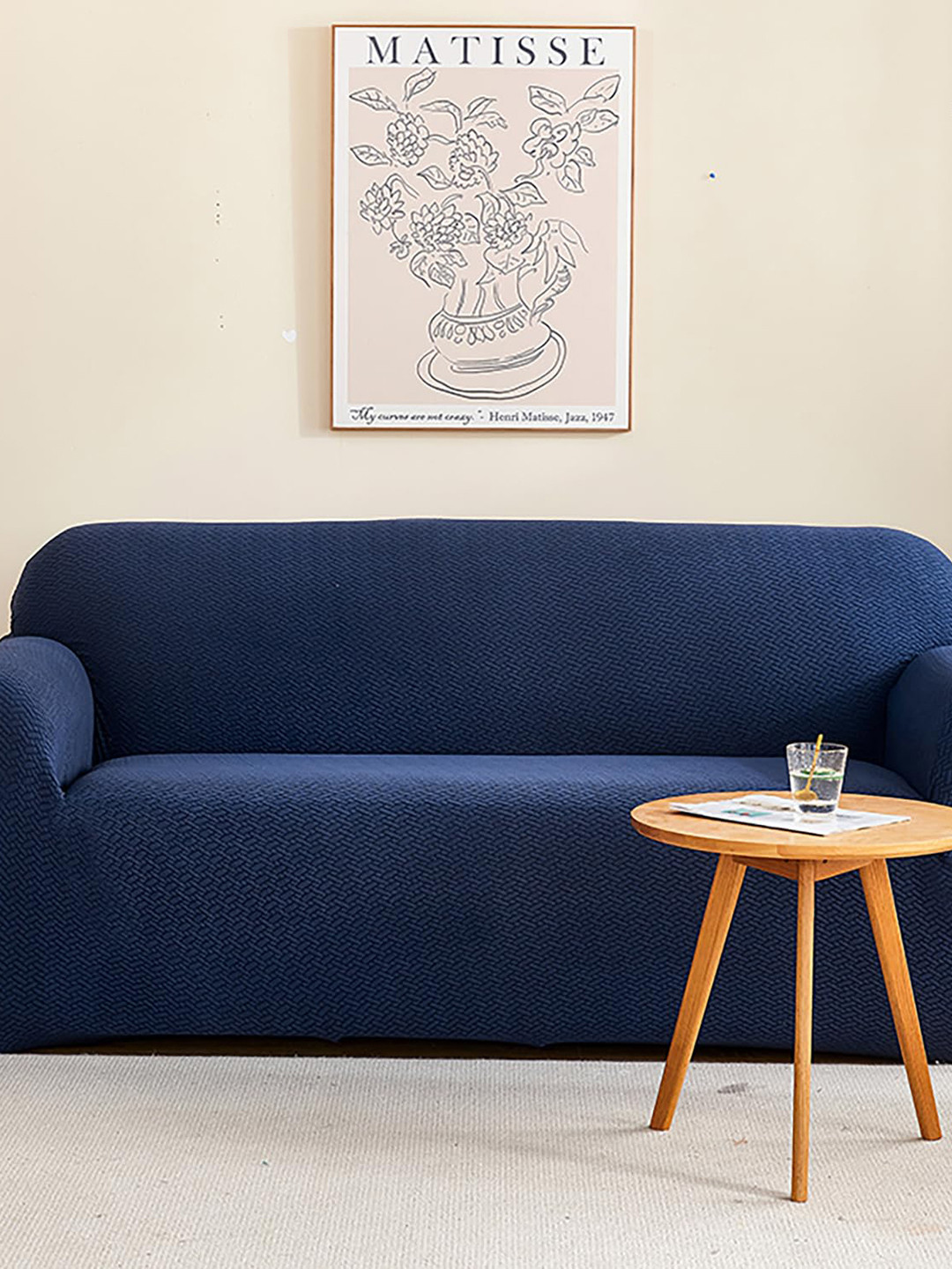 HOUSE OF QUIRK Navy-Blue Jacquard Stretchable Elasticity 1-Seater Sofa Cover With Arms