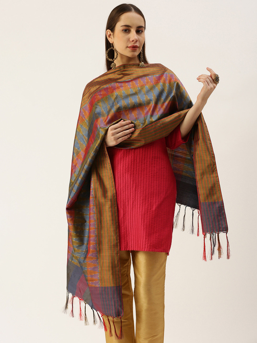 ASVA Ikat Printed Striped Detail Scarf