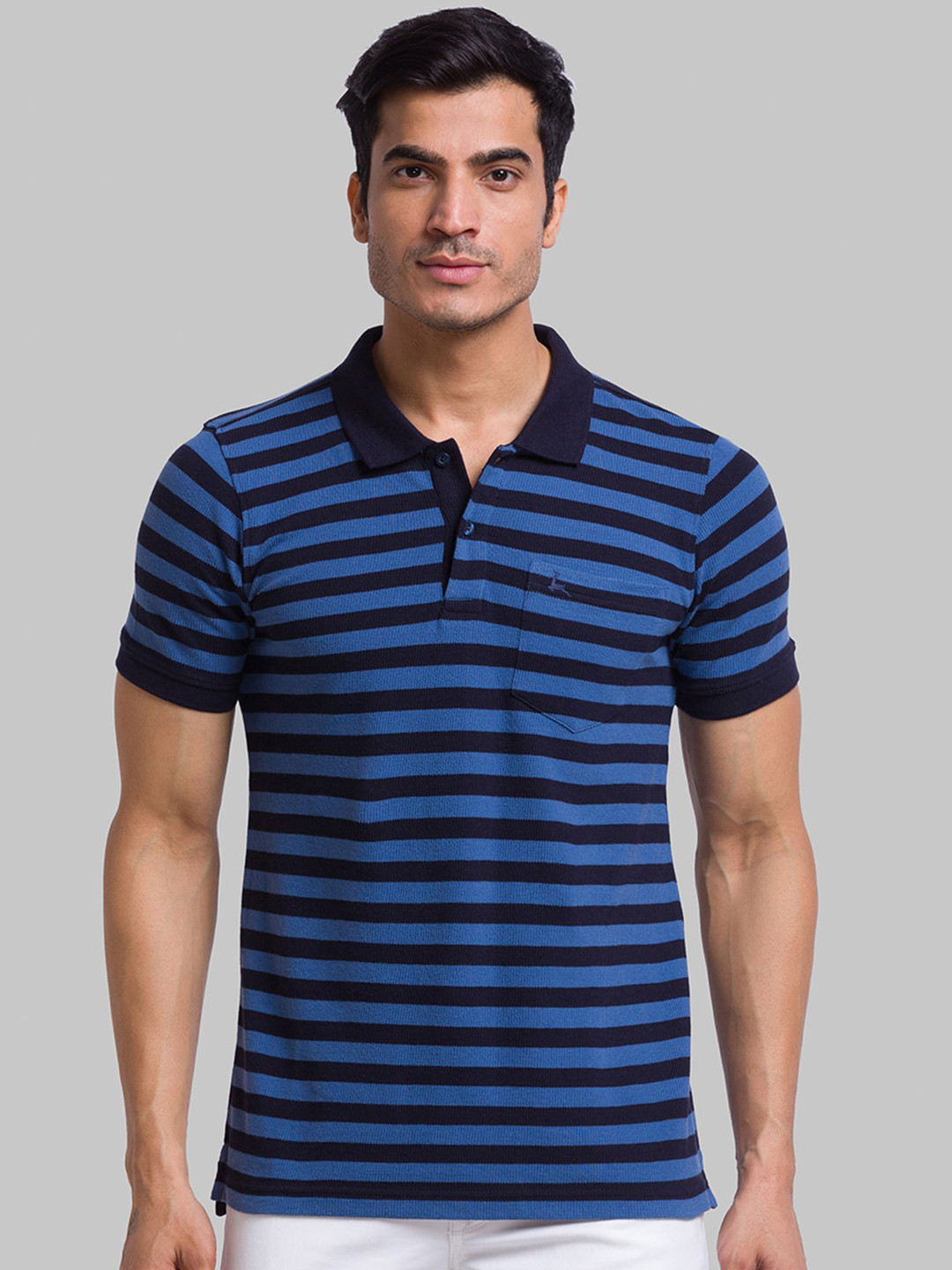 Parx Striped Polo Collar Indigo Cotton T-shirt