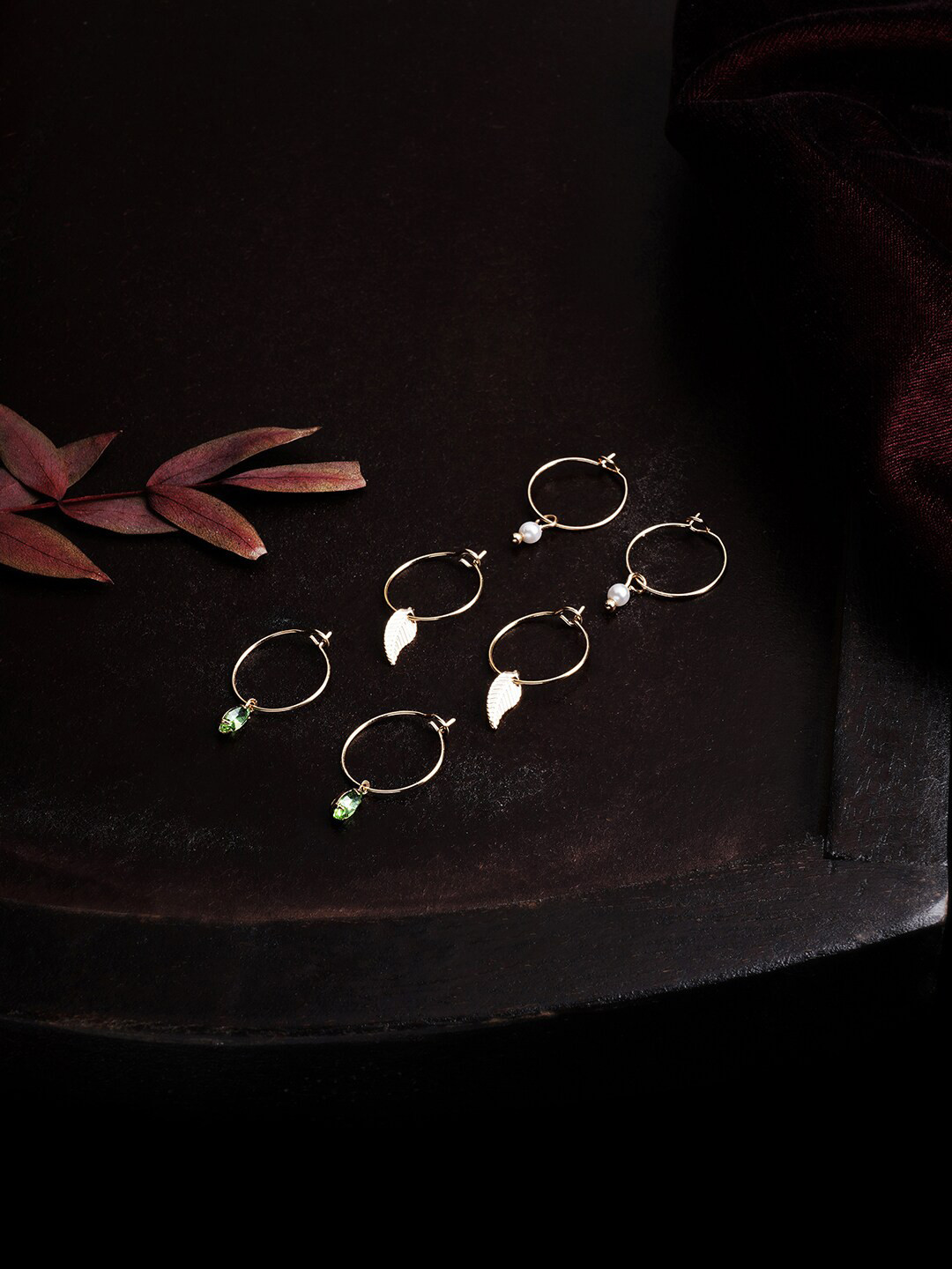 Accessorize London Women's Green Set of 3 Leaf Hoops Earring