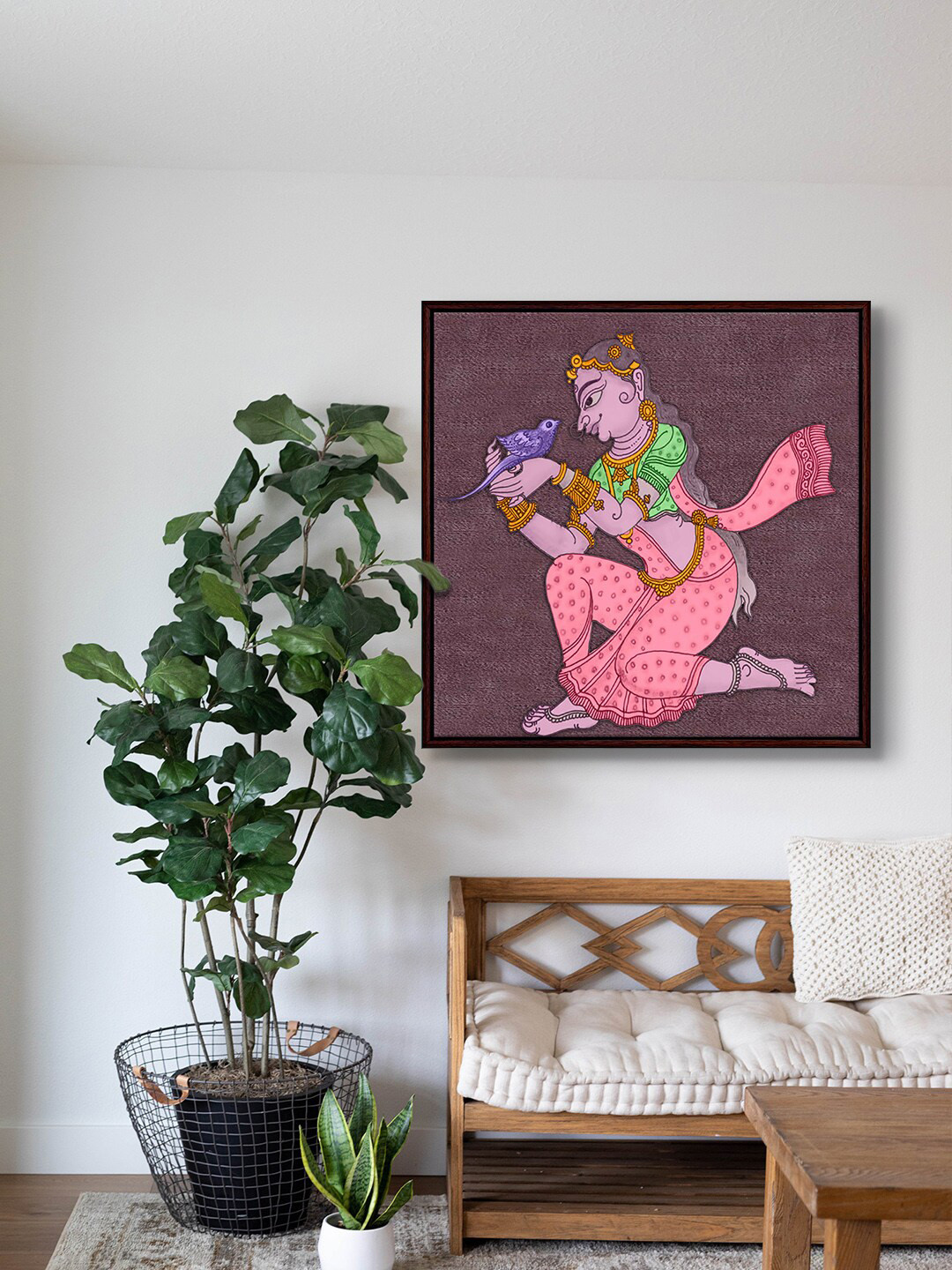 999Store Brown & Pink Lady With Bird Printed Canvas Painting Wall Art
