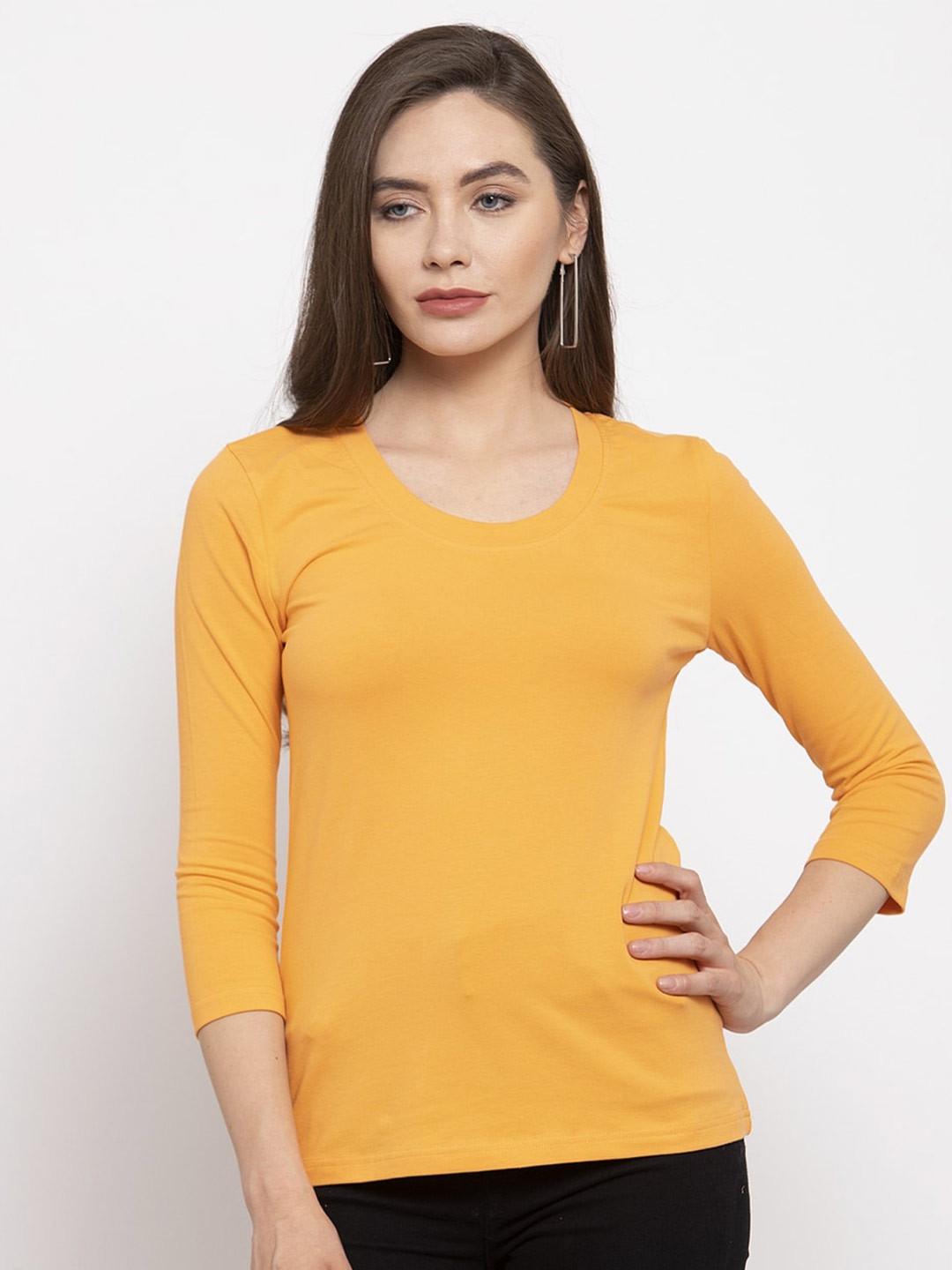 DOOR74 Scoop Neck Three-Quarter Sleeves Cotton T-shirt