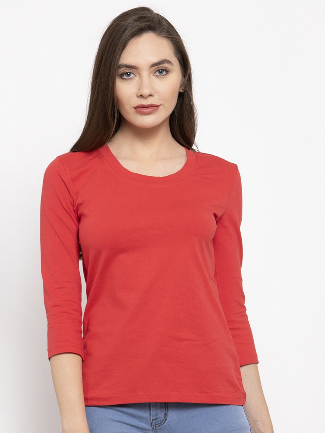 DOOR74 Round Neck Three-Quarter Sleeves Knitted Cotton T-shirt