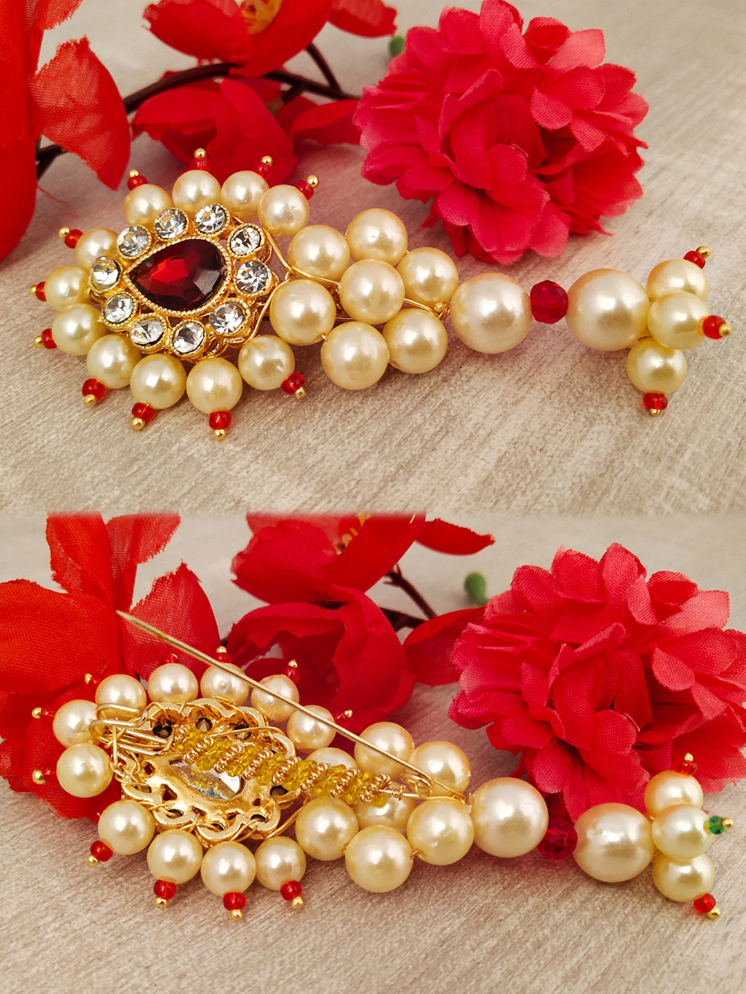 VAMA Maharashtrian Golden Safety Saree Pleats Pin Pearl Brooch