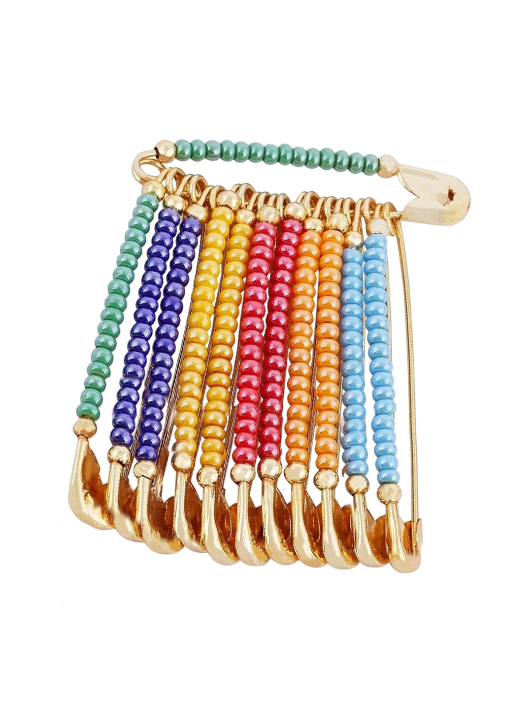 VAMA 12 Pcs Gold Plated Multicolor Beads Safety Saree Pleats Pin Brooch
