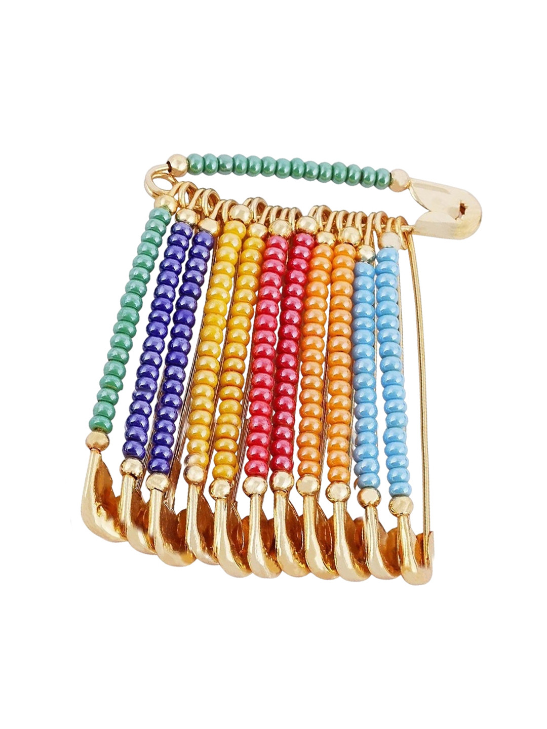 VAMA 12 Pcs Gold Plated Multicolor Beads Safety Saree Pleats Pin Brooch