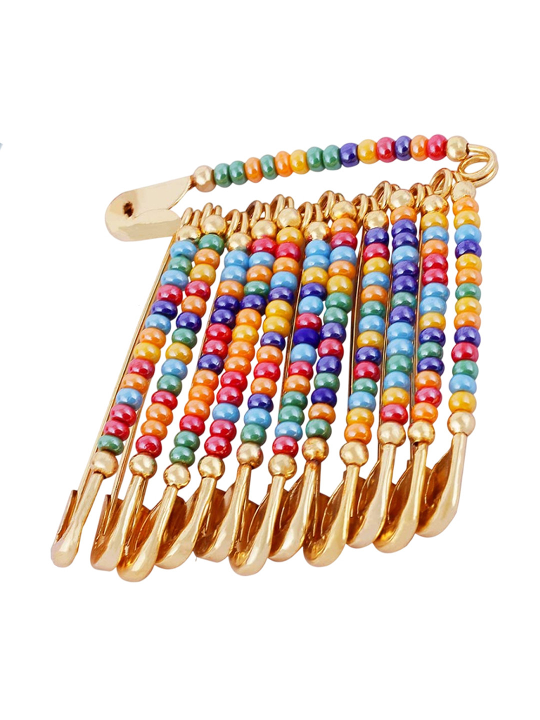 VAMA 12 Pcs Gold Plated Multicolor Beads Safety Saree Pleats Pin Brooch