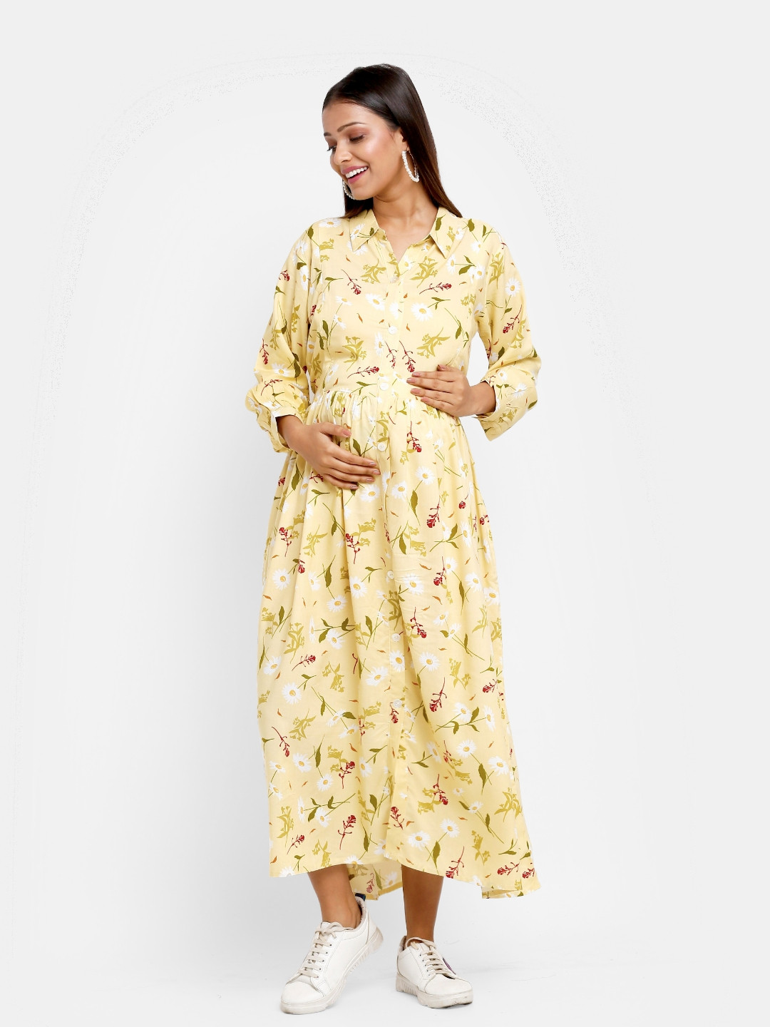 Mylo Cream-Coloured Floral Maternity A-Line Midi Dress
