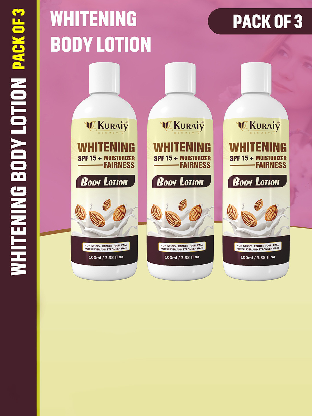 KURAIY Set of 3 Whitening SPF 15+ Fairness Almond Moisturizing Body Lotion 100 ml Each