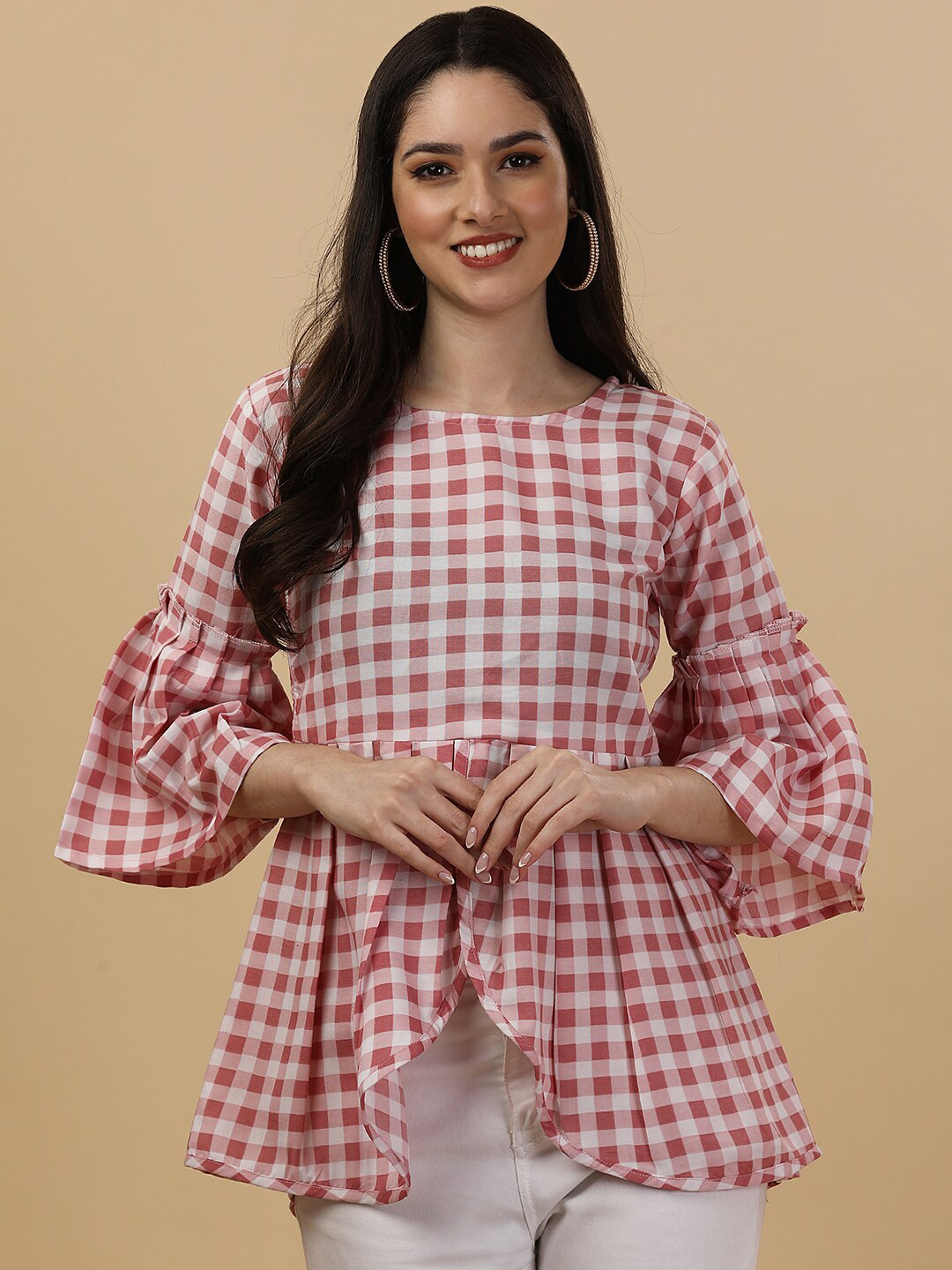 GUFRINA Checked Bell Sleeves Peplum Top