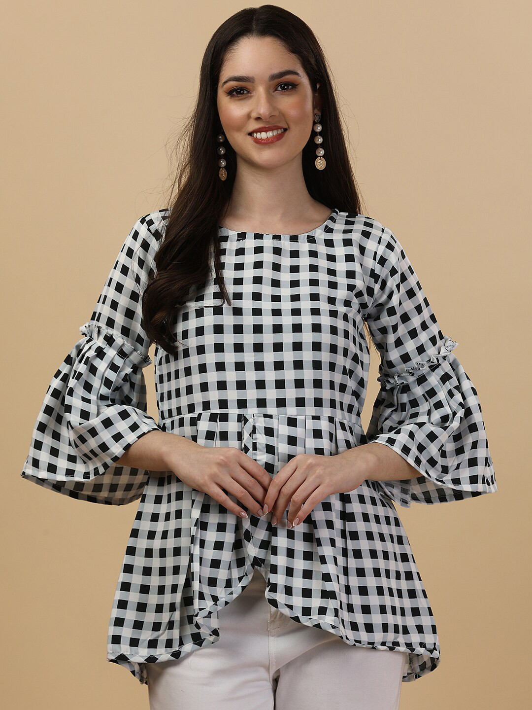 GUFRINA Checked Bell Sleeves Peplum Top