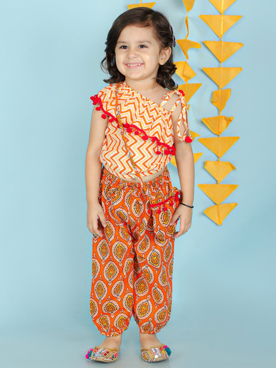 KID1 Girls Printed Pure Cotton Top with Harem Pants & Bag