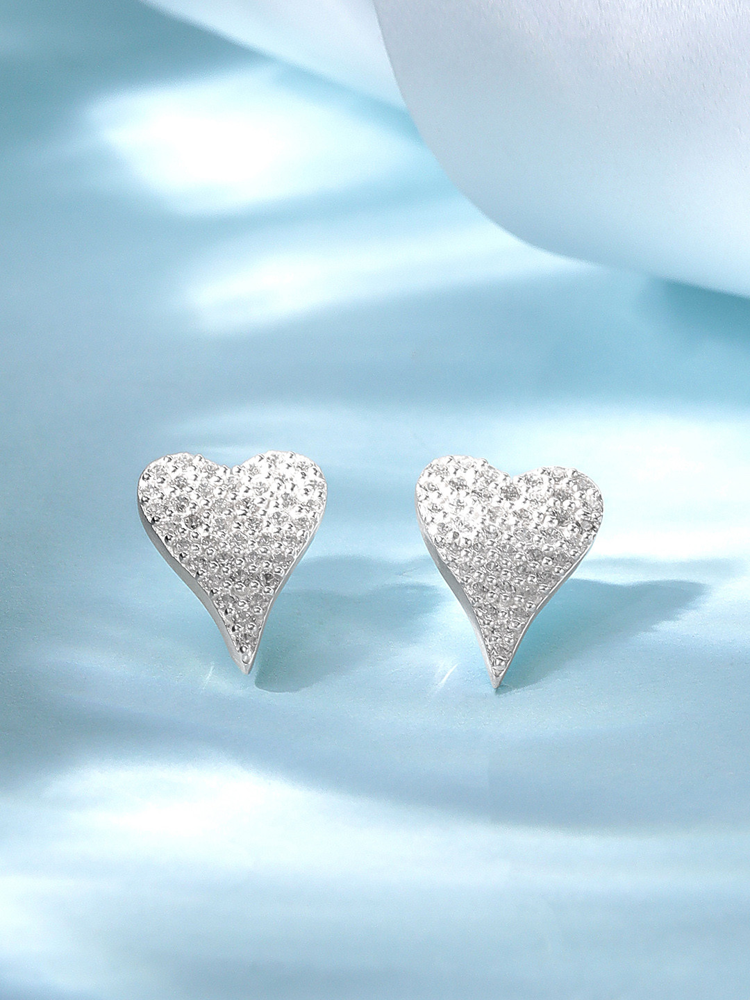 Rubans 925 Sterling Silver White Cubic Zirconia Studded Abstract Heart Stud Earrings