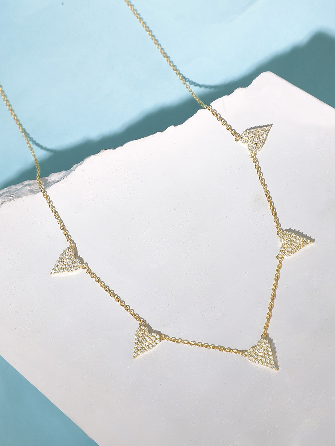 Rubans 925 Sterling Silver Gold-Toned CZ Studded Triangle Charm Minimal Chain Necklace