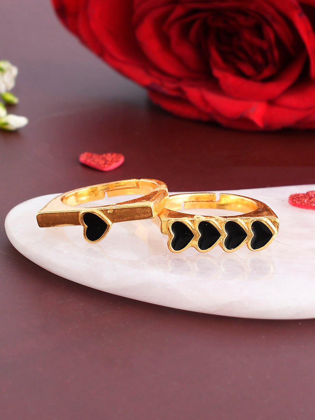 Voylla Set Of 2 Gold-Plated Edgy Heart Adjustable Finger Ring