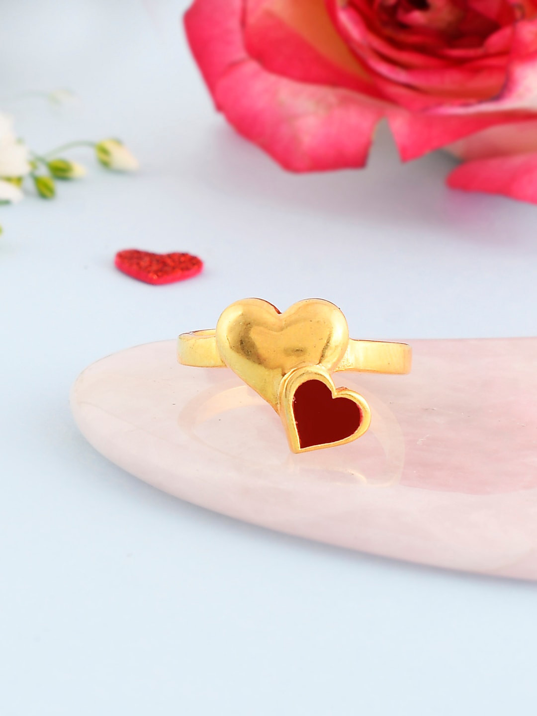 Voylla Valentine's Day Collection Gold-Plated Bonded Hearts Adjustable Finger Ring