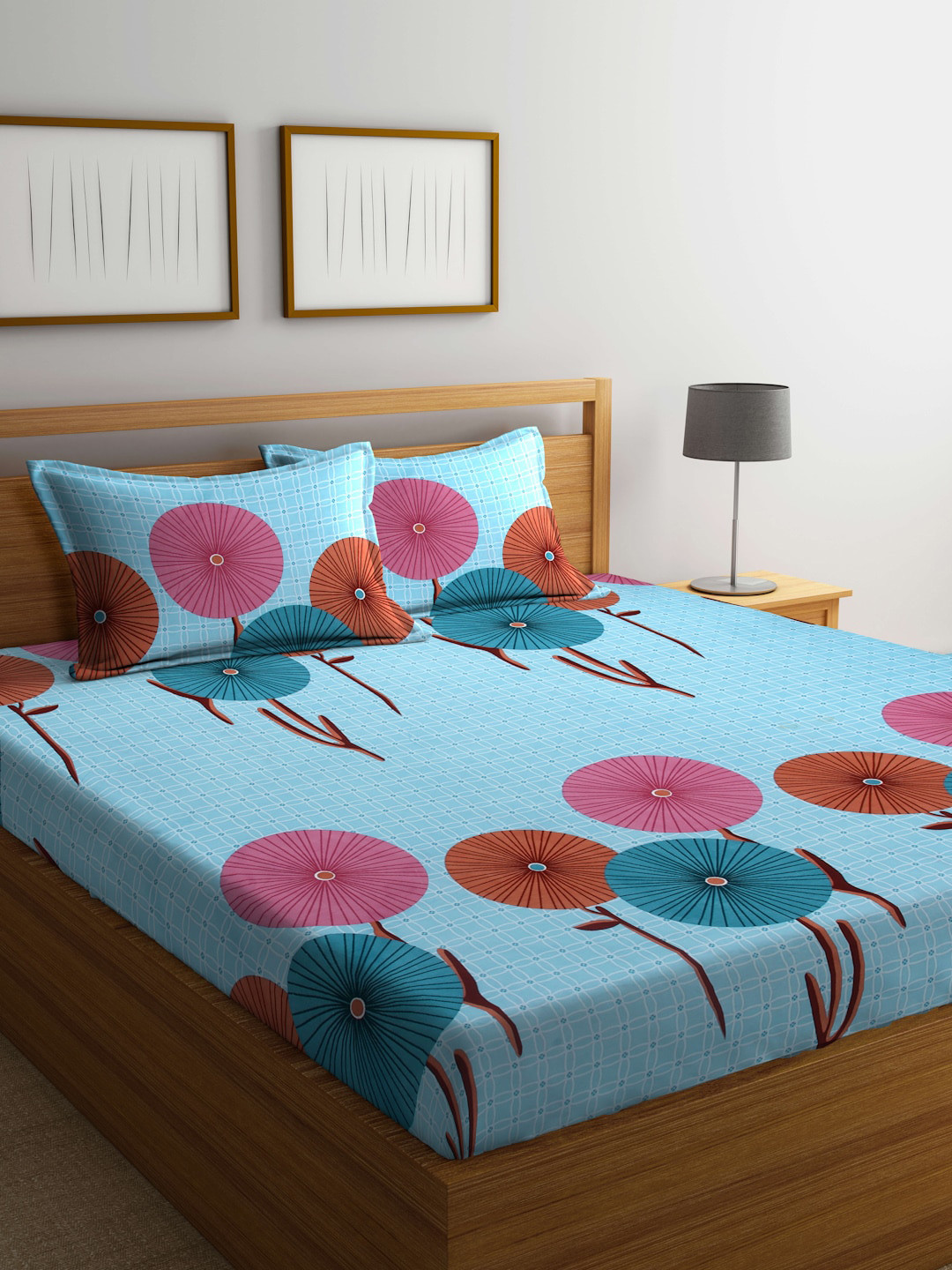 Arrabi Blue Floral Polycotton 300 TC King Fine Bedsheet with 2 Pillow Covers-98 x 85 inches