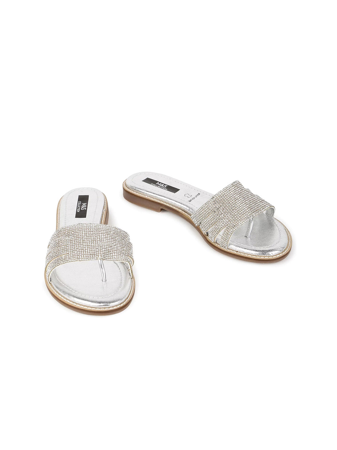 Marks & Spencer Women Embellished Open Toe Leather Flats