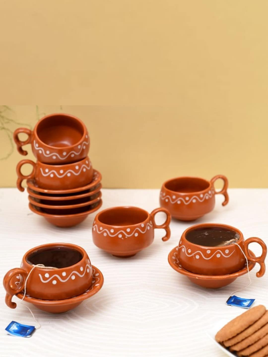 Unravel India Earthen Brown & White 12 Pcs Printed Ceramic Cups and Saucers 110 ml Each