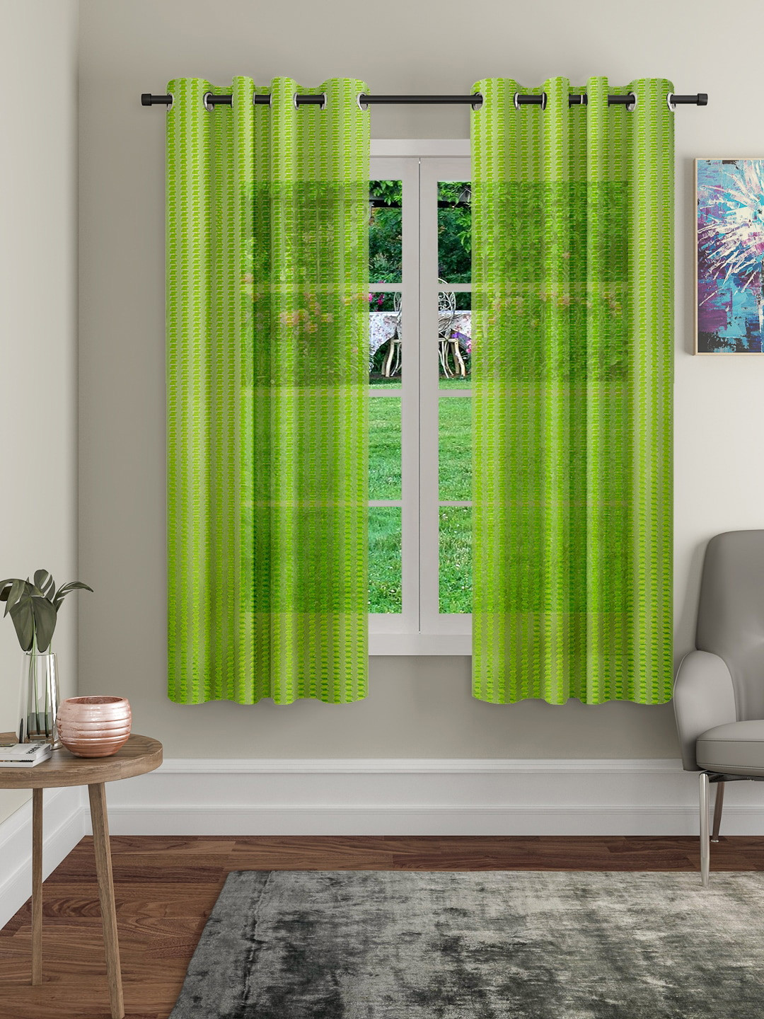Cortina Green 2 Pieces Geometric Sheer Window Curtain