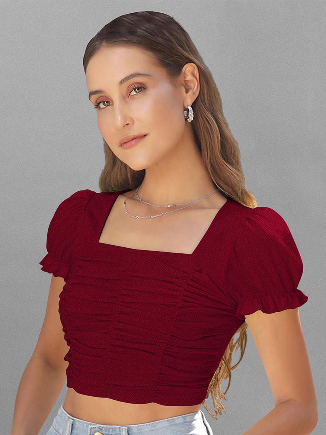 LONDON BELLY Puff Sleeves Ruched Crop Top