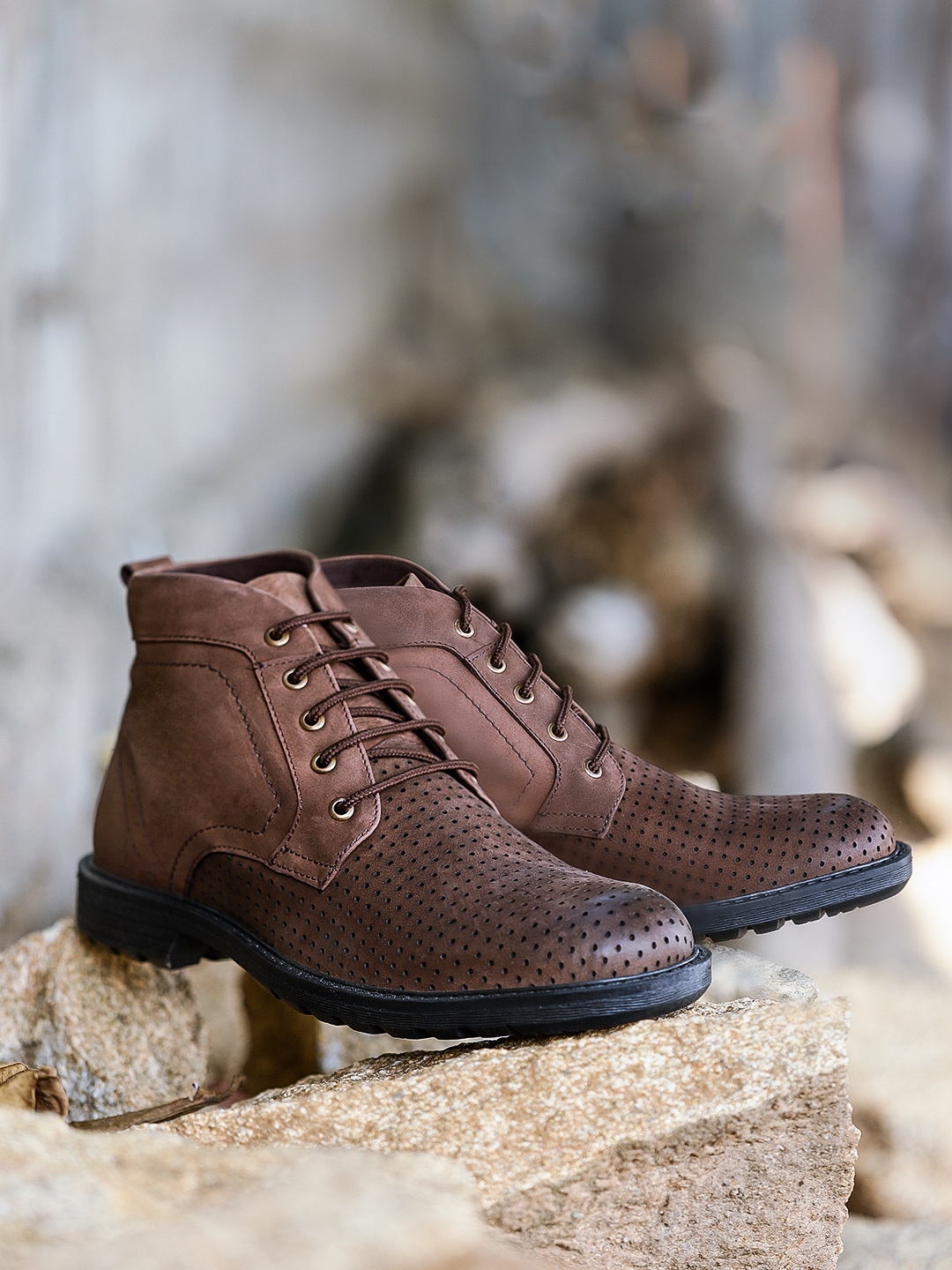 Roadster Men Brown Perforated Leather High Top Flat Boots