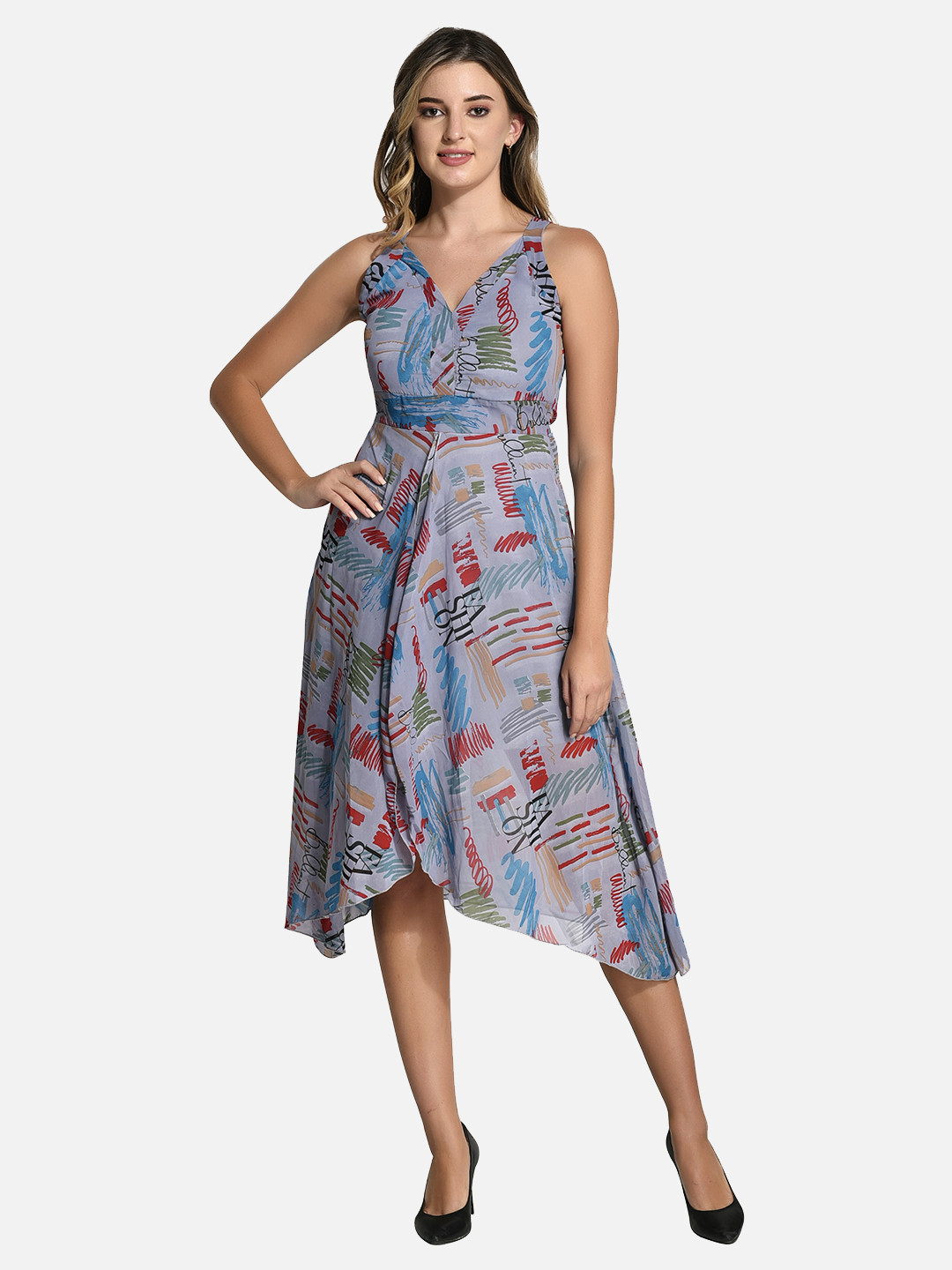 StyFun Abstract Printed Asymmetric Midi Fit & Flare Dress