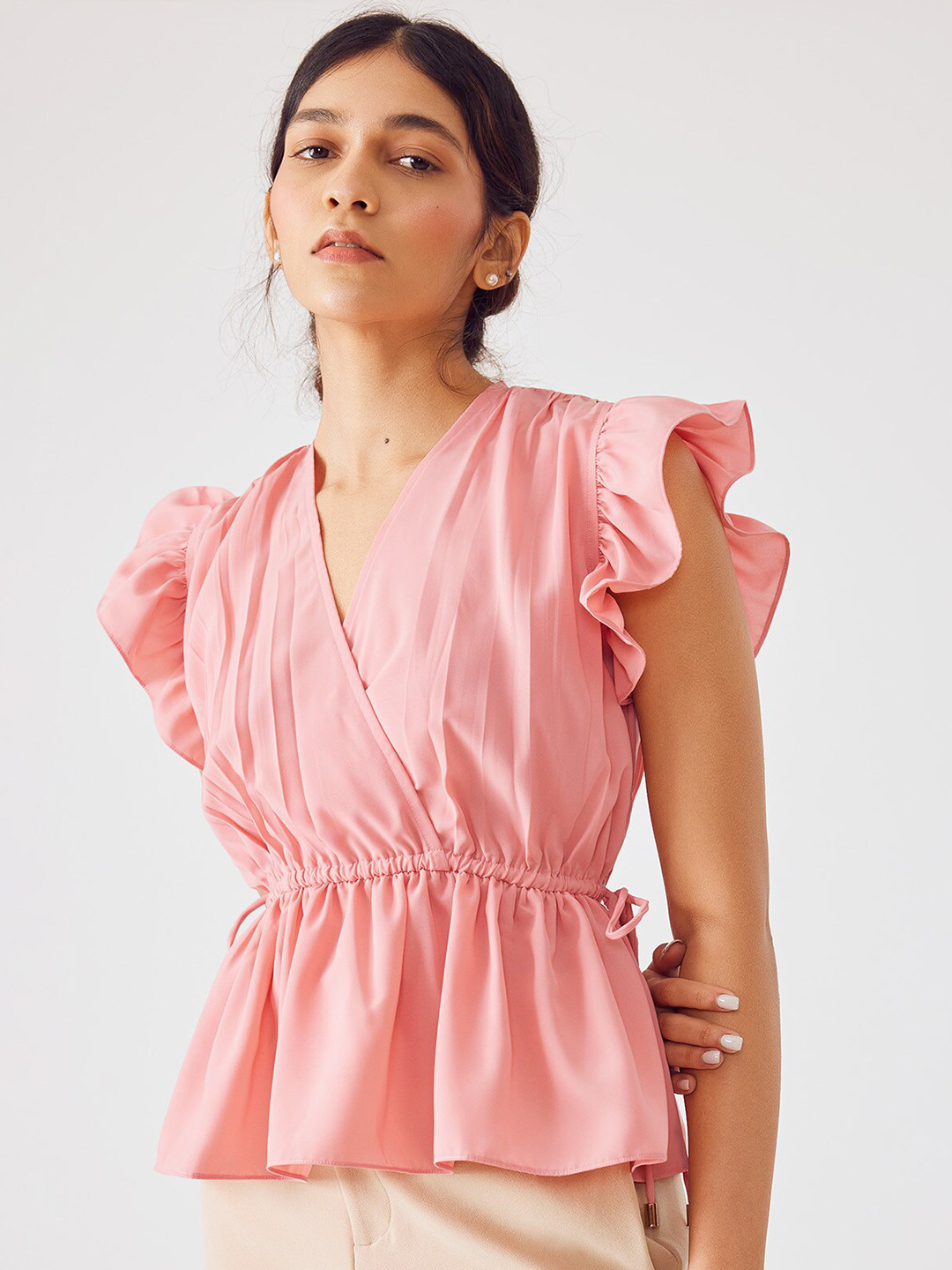 The Label Life Cinched Waist Flutter Sleeves Wrap Top