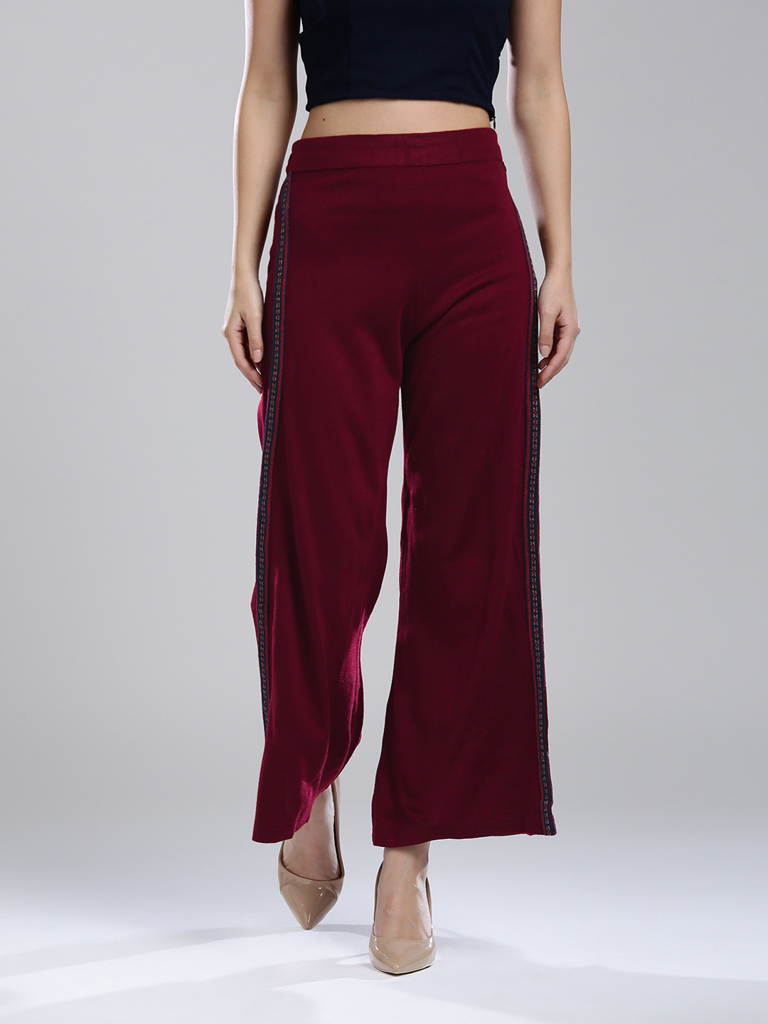 W Women Maroon Wide Leg Solid Palazzos