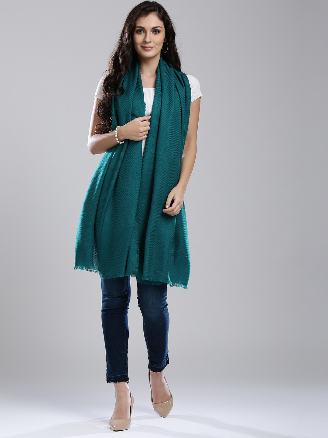 W Teal Green Woven Design Stole