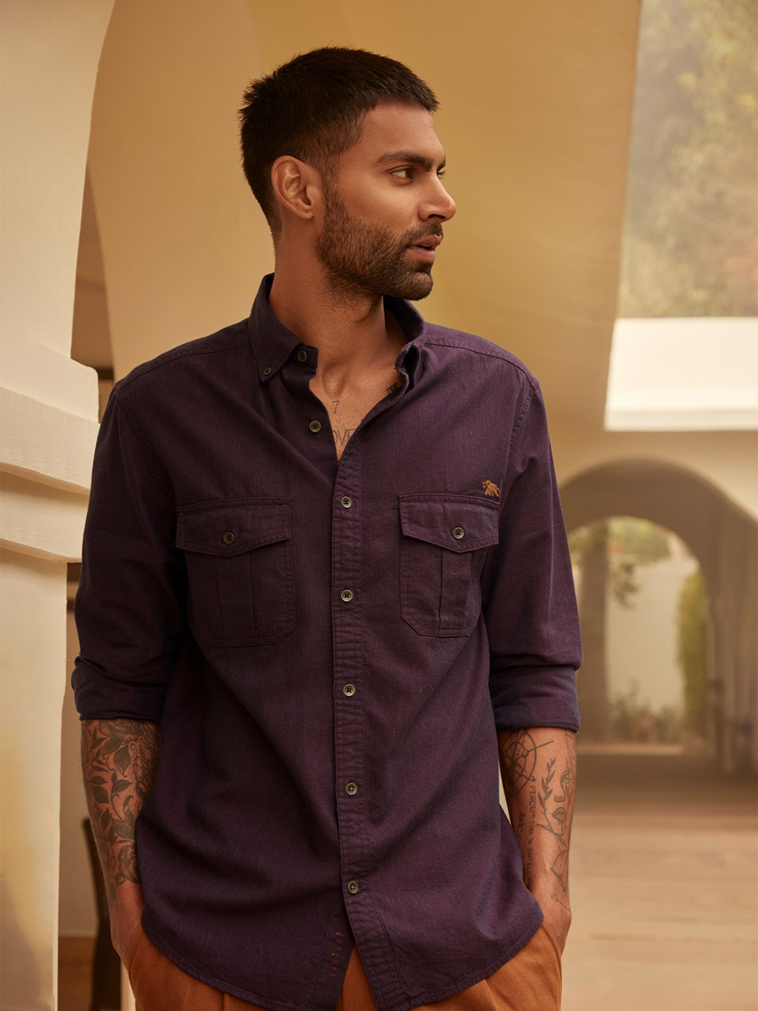 Andamen Front Pocket Slim Fit Corduroy Shirt