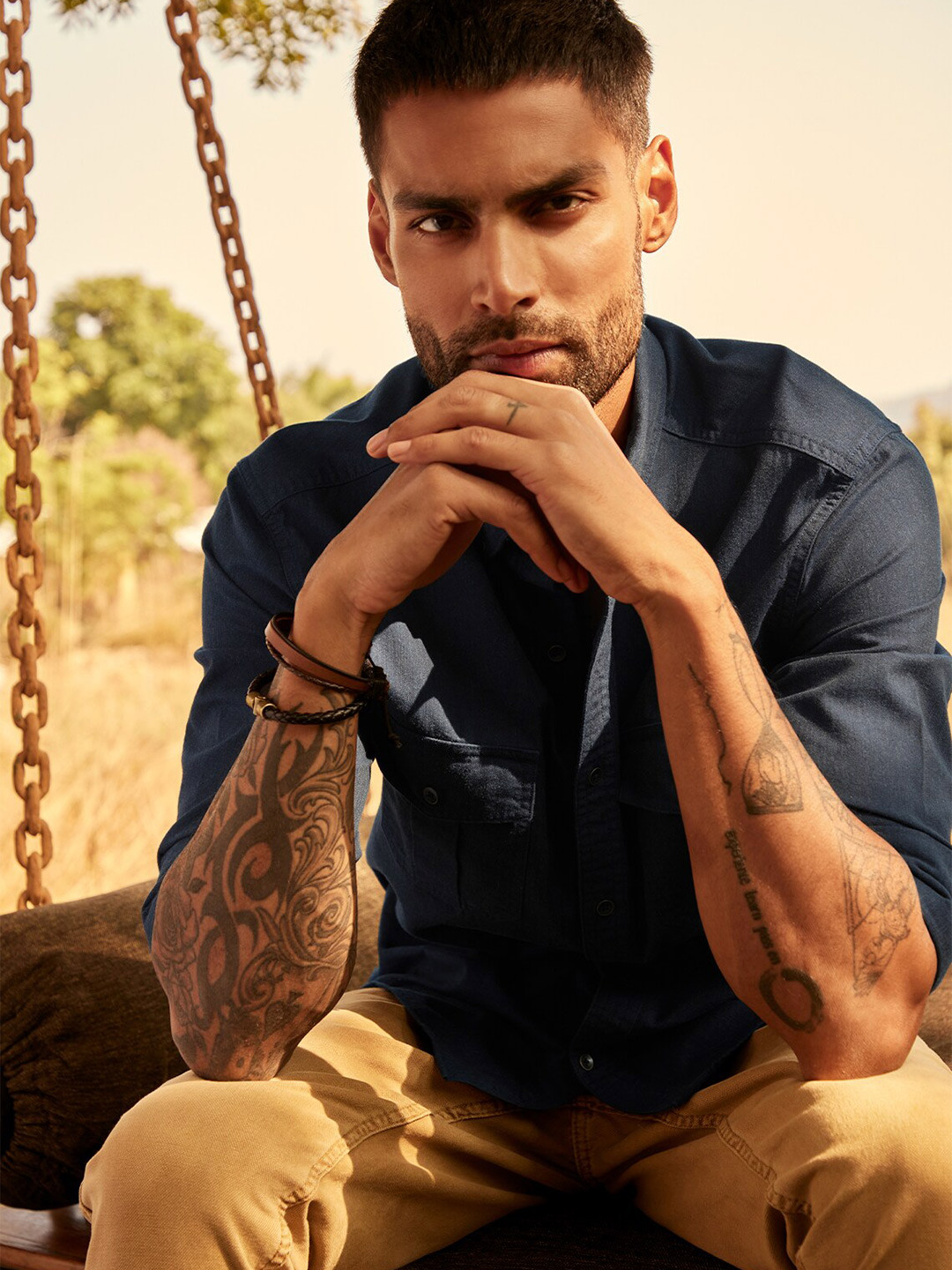 Andamen Men Indigo Melange Front Flap Pockets Shirt